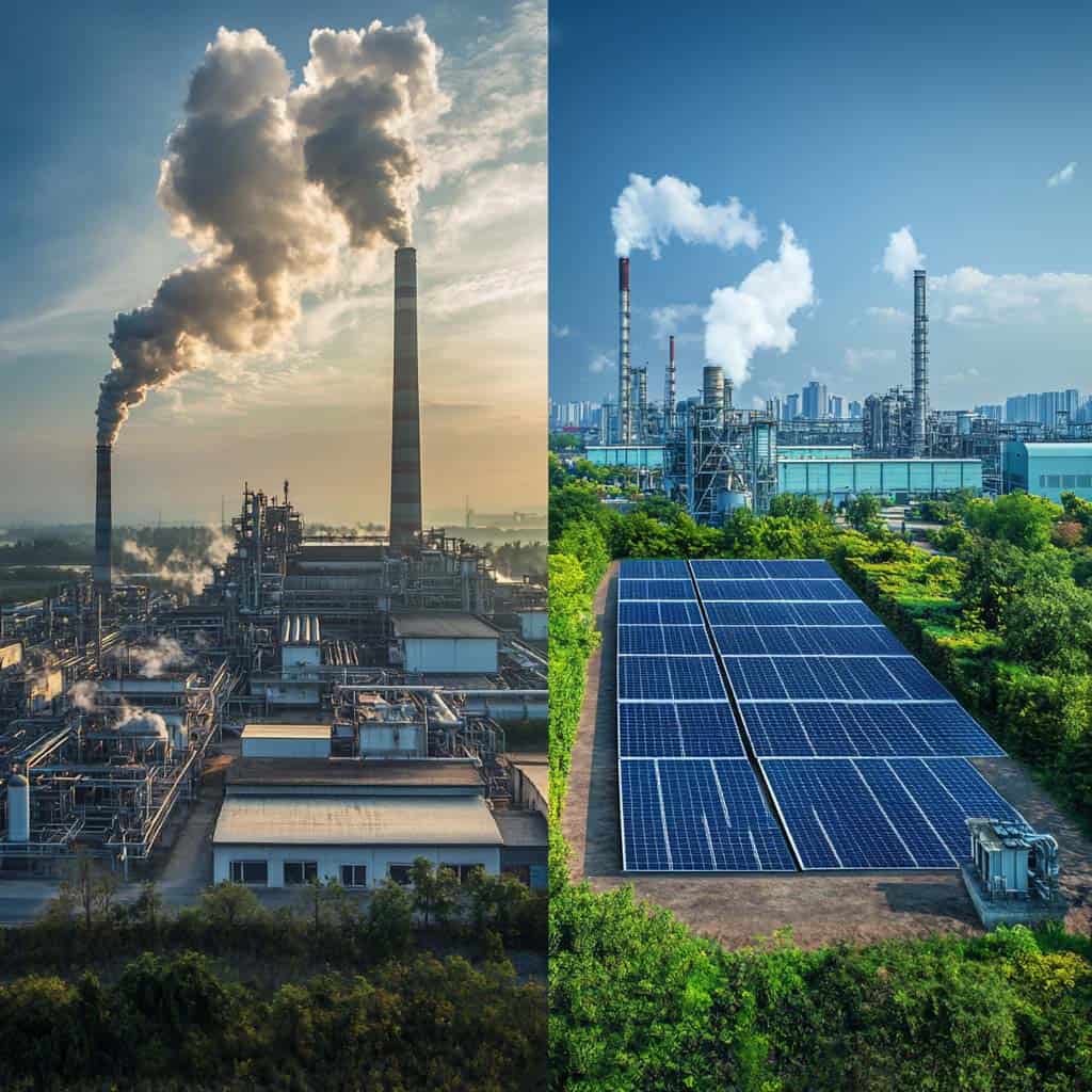 Side-by-side comparison of a polluting factory with smokestacks and a green industrial site with solar panels, representing ENERCA’s commitment to decarbonization and sustainable, innovative energy solutions.